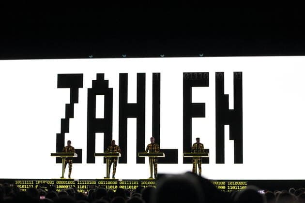 Ralf Hütter, Henning Schmitz, Falk Grieffenhagen and Georg Bongartz, from left, from the band Kraftwerk at a concert in the Uber Eats Music Hall in Berlin, December 9, 2025 Kraftwerk concert Berlin