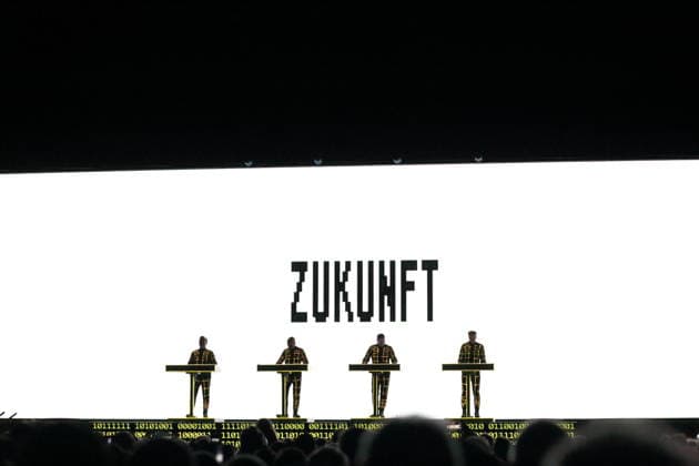 Ralf Hütter, Henning Schmitz, Falk Grieffenhagen and Georg Bongartz, from left, from the band Kraftwerk at a concert in the Uber Eats Music Hall in Berlin, December 9, 2025 Kraftwerk concert Berlin