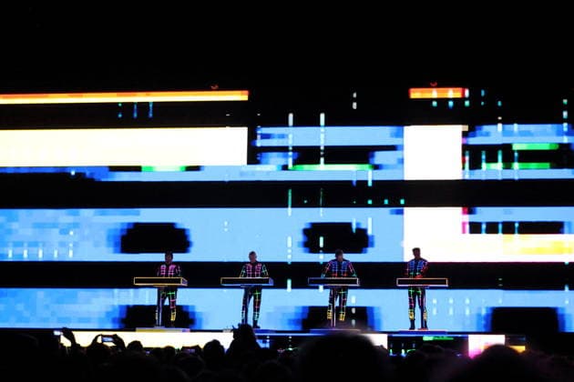 Ralf Hütter, Henning Schmitz, Falk Grieffenhagen and Georg Bongartz, from left, from the band Kraftwerk at a concert in the Uber Eats Music Hall in Berlin, December 9, 2025 Kraftwerk concert Berlin