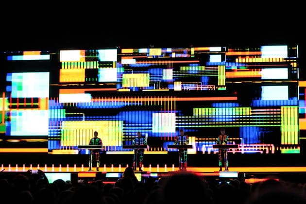 Ralf Hütter, Henning Schmitz, Falk Grieffenhagen and Georg Bongartz, from left, from the band Kraftwerk at a concert in the Uber Eats Music Hall in Berlin, December 9, 2025 Kraftwerk concert Berlin