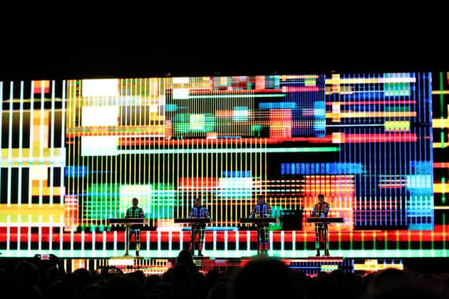 Ralf Hütter, Henning Schmitz, Falk Grieffenhagen and Georg Bongartz, from left, from the band Kraftwerk at a concert in the Uber Eats Music Hall in Berlin, December 9, 2025 Kraftwerk concert Berlin