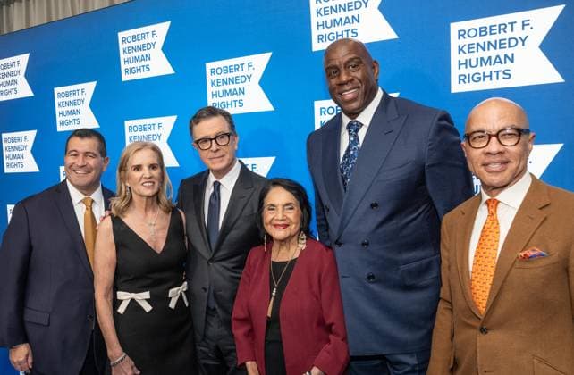 December 9, 2025, Bronx, New York, USA: Martin Cabrera Jr., Kerry Kennedy, Stephen Colbert, Dolores Huerta, Earvin Magic Johnson and Darren Walker attend Robert F. Kennedy Human Rights Ripple of Hope annual award gala at Hilton Midtown Hotel in New York, NY on December 9, 2025. Bronx USA - ZUMAr339 20251209_znp_r339_034 Copyright: xLevxRadinx