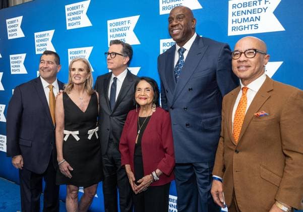 December 9, 2025, Bronx, New York, USA: Martin Cabrera Jr., Kerry Kennedy, Stephen Colbert, Dolores Huerta, Earvin Magic Johnson and Darren Walker attend Robert F. Kennedy Human Rights Ripple of Hope annual award gala at Hilton Midtown Hotel in New York, NY on December 9, 2025. Bronx USA - ZUMAr339 20251209_znp_r339_035 Copyright: xLevxRadinx