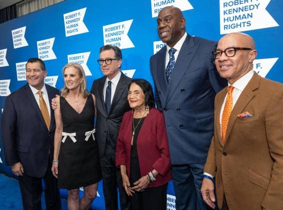 December 9, 2025, Bronx, New York, USA: Martin Cabrera Jr., Kerry Kennedy, Stephen Colbert, Dolores Huerta, Earvin Magic Johnson and Darren Walker attend Robert F. Kennedy Human Rights Ripple of Hope annual award gala at Hilton Midtown Hotel in New York, NY on December 9, 2025. Bronx USA - ZUMAr339 20251209_znp_r339_036 Copyright: xLevxRadinx