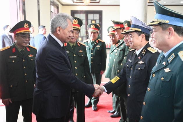 VIETNAM, HANOI - DECEMBER 10, 2025: Russian Security Council Secretary Sergei Shoigu (L) greets an officer before a meeting with Vietnam s Minister of National Defence General Phan Van Giang Hanoi Vietnam  - ZUMAt113 20251210_zaa_t113_085 Copyright: xKirillxZykovx