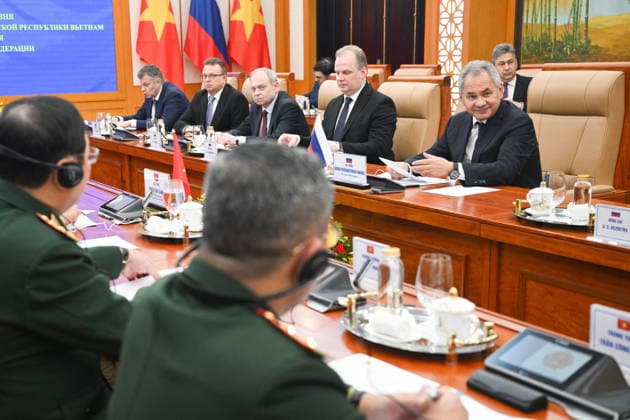 VIETNAM, HANOI - DECEMBER 10, 2025: Russian Security Council Secretary Sergei Shoigu (R) during a meeting with Vietnam s Minister of National Defence General Phan Van Giang Hanoi Vietnam  - ZUMAt113 20251210_zaa_t113_088 Copyright: xKirillxZykovx