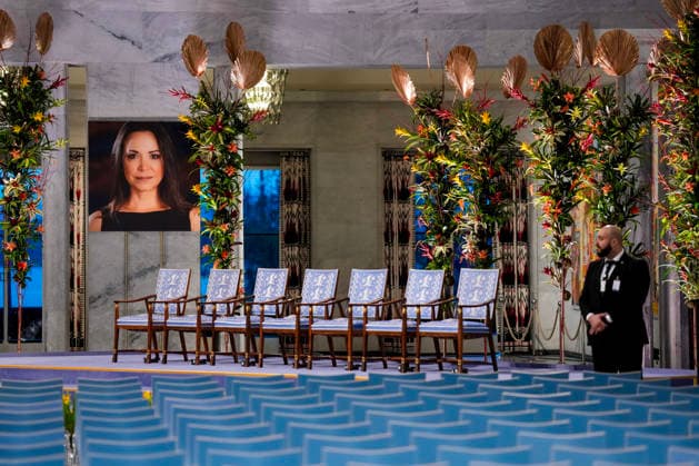 Nobel Peace Prize 2025 Oslo 20251210 A picture of Nobel Peace Prize recipient Maria Corina Machado in Oslo Town Hall for the Nobel Pe  Copyright: xOlexBerg-Rustenx xNTBx
