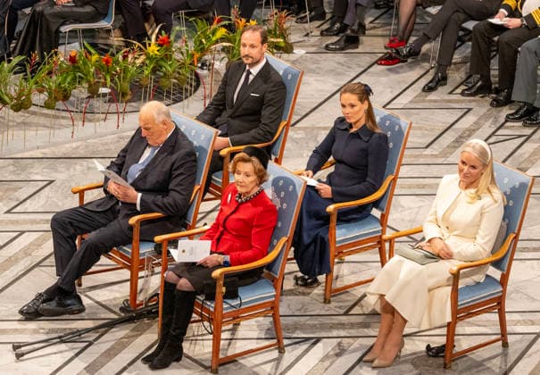 10-12-2025 Norway Princess Mette-Marit and Princess Ingrid Alexandra and Prince Haakon and King Harald and Queen Sonja with Ana Corina Sosa, daughter of Nobel Peace Prize Laureates Maria Corina Machado, at the awarding of the Nobel Peace Prize to Maria Corina Machado from Venezuela in the city hall in Olso. Due to the circumstances in her home country of Venezuela, Maria Corina Machado was unable to attend the award ceremony in Norway. Â  Copyright: xPPEx