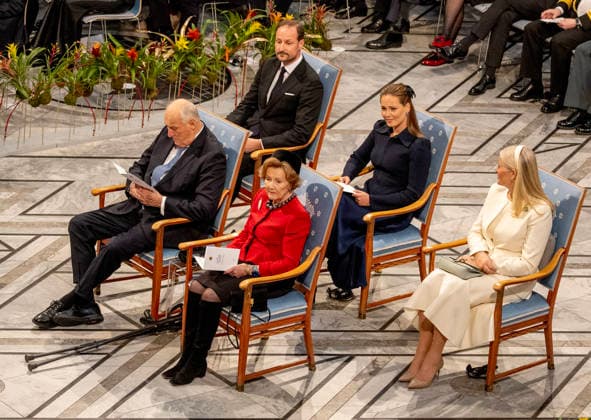10-12-2025 Norway Princess Mette-Marit and Princess Ingrid Alexandra and Prince Haakon and King Harald and Queen Sonja with Ana Corina Sosa, daughter of Nobel Peace Prize Laureates Maria Corina Machado, at the awarding of the Nobel Peace Prize to Maria Corina Machado from Venezuela in the city hall in Olso. Due to the circumstances in her home country of Venezuela, Maria Corina Machado was unable to attend the award ceremony in Norway. Â  Copyright: xPPEx