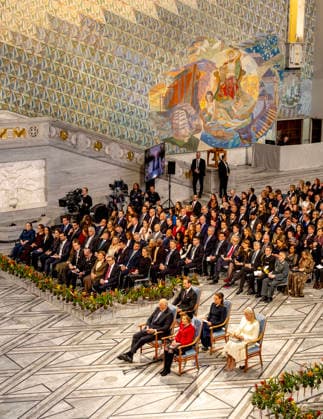 10-12-2025 Norway Princess Mette-Marit and Princess Ingrid Alexandra and Prince Haakon and King Harald and Queen Sonja with Ana Corina Sosa, daughter of Nobel Peace Prize Laureates Maria Corina Machado, at the awarding of the Nobel Peace Prize to Maria Corina Machado from Venezuela in the city hall in Olso. Due to the circumstances in her home country of Venezuela, Maria Corina Machado was unable to attend the award ceremony in Norway. Â  Copyright: xPPEx