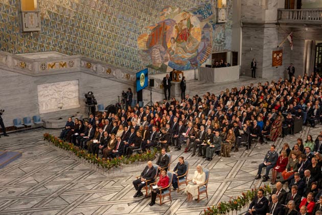 10-12-2025 Norway Princess Mette-Marit and Princess Ingrid Alexandra and Prince Haakon and King Harald and Queen Sonja with Ana Corina Sosa, daughter of Nobel Peace Prize Laureates Maria Corina Machado, at the awarding of the Nobel Peace Prize to Maria Corina Machado from Venezuela in the city hall in Olso. Due to the circumstances in her home country of Venezuela, Maria Corina Machado was unable to attend the award ceremony in Norway. Â  Copyright: xPPEx