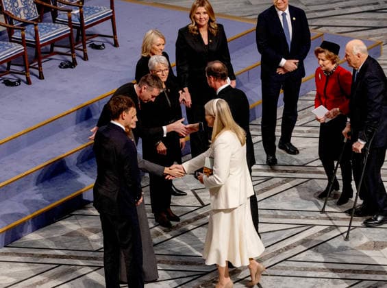 10-12-2025 Norway Princess Mette-Marit and Princess Ingrid Alexandra and Prince Haakon and King Harald and Queen Sonja with Ana Corina Sosa, daughter of Nobel Peace Prize Laureates Maria Corina Machado, at the awarding of the Nobel Peace Prize to Maria Corina Machado from Venezuela in the city hall in Olso. Due to the circumstances in her home country of Venezuela, Maria Corina Machado was unable to attend the award ceremony in Norway. Â  Copyright: xPPEx