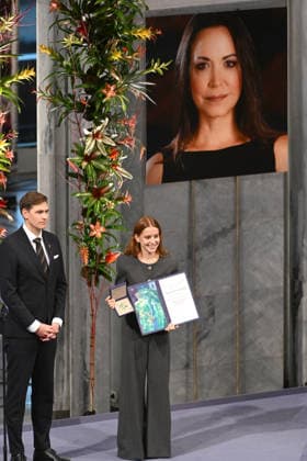 Venezuelan politician Marina Corina Machado s daughter Ana Corina Sosa Machado picks up the Nobel Peace Prize on her behalf at The Nobel Peace Prize Ceremony at Oslo City Hall on December 10, 2025 in Oslo, Norway  OSL202510202 PAULxTREADWAY