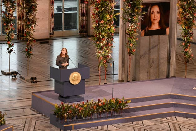 Venezuelan politician Marina Corina Machado s daughter Ana Corina Sosa Machado picks up the Nobel Peace Prize on her behalf at The Nobel Peace Prize Ceremony at Oslo City Hall on December 10, 2025 in Oslo, Norway  OSL202510204 PAULxTREADWAY