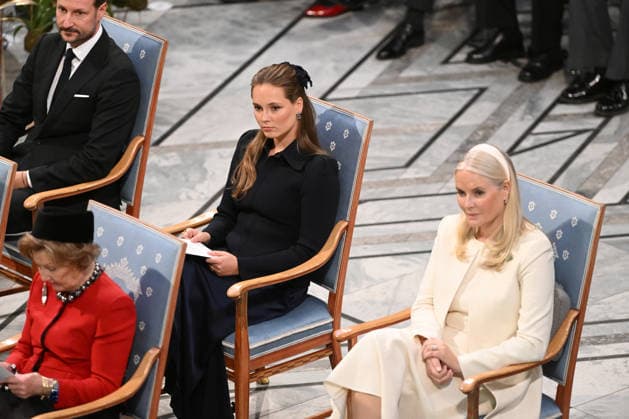 Magnus Haakon, the Crown Prince of Norway, Queen Sonja of Norway, Princess Ingrid Alexandra of Norway and Crown Princess Mette-Marit of Norway attend the 2025 Nobel Peace Prize presentation ceremony at Oslo City Hall on December 10, 2025 in Oslo, Norway  OSL202510218 PAULxTREADWAY