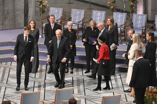 chair of the Norwegian Nobel Committee, Jorgen Watne Frydnes, King Harald V of Norway, Magnus Haakon, the Crown Prince of Norway, Queen Sonja of Norway, Princess Ingrid Alexandra of Norway and Crown Princess Mette-Marit of Norway attend the 2025 Nobel Peace Prize presentation ceremony at Oslo City Hall on December 10, 2025 in Oslo, Norway  OSL202510220 PAULxTREADWAY