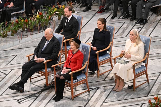 King Harald V of Norway, Magnus Haakon, the Crown Prince of Norway, Queen Sonja of Norway, Princess Ingrid Alexandra of Norway and Crown Princess Mette-Marit of Norway attend the 2025 Nobel Peace Prize presentation ceremony at Oslo City Hall on December 10, 2025 in Oslo, Norway  OSL202510222 PAULxTREADWAY