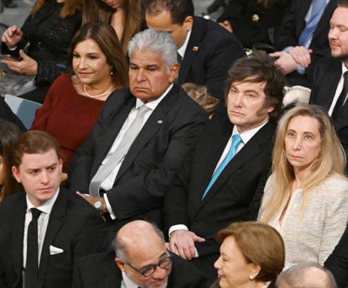 Panama President Jose Raul Mulino, Argentinian President Javier Milei and Argentina s General Secretary of tThe Presidency Karina Milei attend the 2025 Nobel Peace Prize presentation ceremony at Oslo City Hall on December 10, 2025 in Oslo, Norway  OSL202510223 PAULxTREADWAY