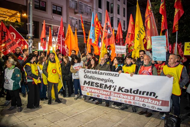 December 10, 2025, Istanbul, Istanbul, Turkey: Unions, students, and left-socialist groups gathered in IstanbulÃ¢â‚¬â ¢s Kadikoy district to protest the governmentÃ¢â‚¬â ¢s MESEM (Vocational Education Centers) policy, criticizing it for promoting child labor and precarious working conditions. Demonstrators held banners and chanted slogans demanding the abolition of MESEM practices and stronger protections for young workers. Istanbul Turkey - ZUMAt171 20251210_zip_t171_002 Copyright: xAbdullahxTepelix