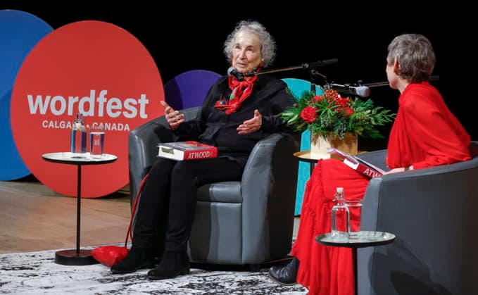 December 10, 2025, Calgary, Ab, CANADA: Margaret Atwood, left, speaks with Heather O Neill during an on stage interview in Calgary, Wednesday, Dec. 10, 2025. Calgary CANADA  - ZUMAc35_ 20251210_zaf_c35_099 Copyright: xJeffxMcintoshx