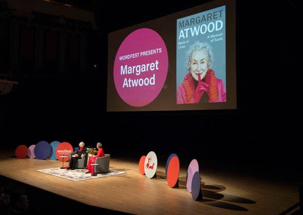 December 10, 2025, Calgary, Ab, CANADA: Margaret Atwood, left, speaks with Heather O Neill during an on stage interview in Calgary, Wednesday, Dec. 10, 2025. Calgary CANADA  - ZUMAc35_ 20251210_zaf_c35_101 Copyright: xJeffxMcintoshx