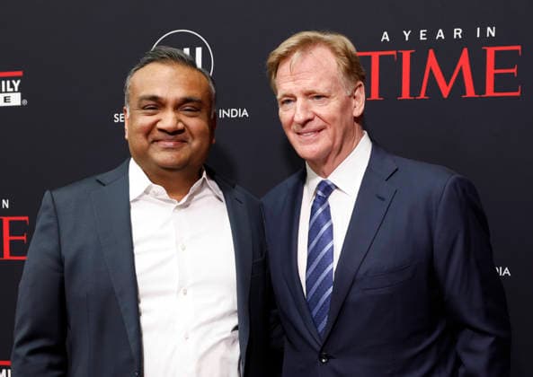 CEO of YouTube Neal Mohan (L), Time magazine s 2025 CEO of the Year, and Commissioner of the NFL Roger Goodell arrive on the red carpet when TIME Celebrates A Year In TIME at Current at Chelsea Piers on Wednesday, December 10, 2025 in New York City.  NYP20251210134 JohnxAngelillo