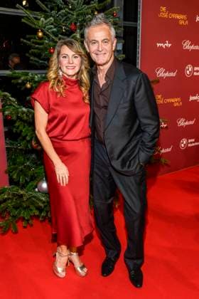 ABBleipzig Louise Bähr Baehr with Robert Lohr actress red dress guest on the red carpet at the 31 Jose Carreras Gala in the Media City Leipzig, on 10 12 25 Saxony Germany