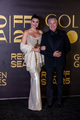 Golden Globes Gala at Red Sea Film Festival - Jeddah Arwa Gouda and husband attend the Golden Globes Gala Dinner, as part of the 5th edition of the Red Sea Film Festival in Jeddah, Saudi Arabia, on December 10, 2025. Photo by Balkis Press ABACAPRESS.COM Jeddah Saudi Arabia  Copyright: xBalkisxPress ABACAx
