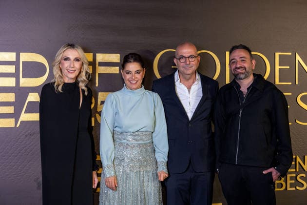 Golden Globes Gala at Red Sea Film Festival - Jeddah L-R : Helen Hoehne, Amira Diab, Hany Abu-Assad and Amr Salama attend the Golden Globes Gala Dinner, as part of the 5th edition of the Red Sea Film Festival in Jeddah, Saudi Arabia, on December 10, 2025. Photo by Balkis Press ABACAPRESS.COM Jeddah Saudi Arabia  Copyright: xBalkisxPress ABACAx