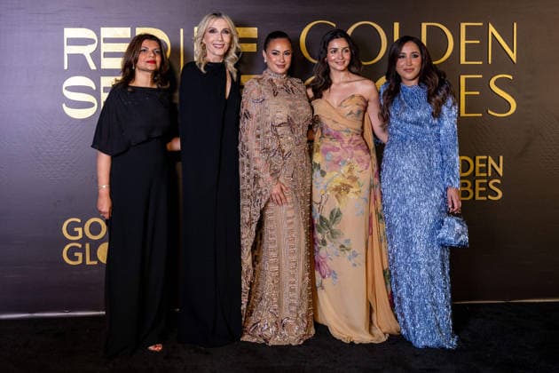Golden Globes Gala at Red Sea Film Festival - Jeddah L-R : Shivani Pandya, Helen Hoehne, Hend Sabry, Alia Bhatt and Jomana Al Rashid attend the Golden Globes Gala Dinner, as part of the 5th edition of the Red Sea Film Festival in Jeddah, Saudi Arabia, on December 10, 2025. Photo by Balkis Press ABACAPRESS.COM Jeddah Saudi Arabia  Copyright: xBalkisxPress ABACAx