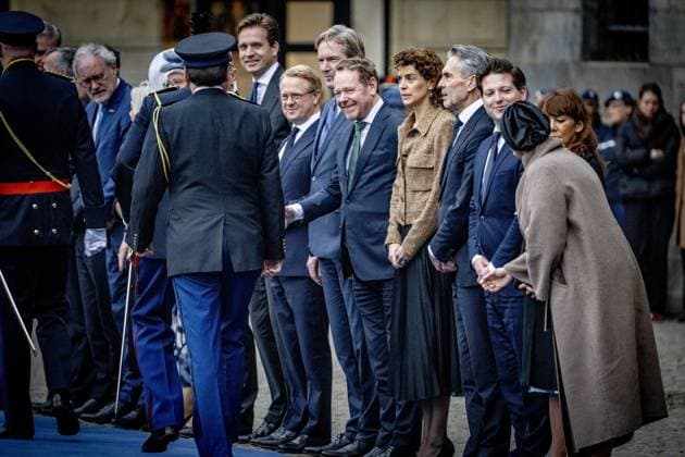 AMSTERDAM - Ministers attend the welcome ceremony on Dam Square. At the invitation of King Willem-Alexander and Queen Maxima, Finnish President Alexander Stubb is making a state visit to the Netherlands. He is accompanied by his wife, Suzanne Innes-Stubb. ANP HOLLANDSE HOOGTE ROBIN UTRECHT netherlands out - belgium out  Copyright: xx x544570431x originalFilename: 544570431.jpg