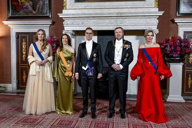 Amsterdam, The Netherlands, 2025-12-11 19:30:04 AMSTERDAM, 11-12-2025, Royal Palace Amsterdam. State visit of the President of Finland, Alexander Stubb, to the Netherlands. He is accompanied by his wife, Suzanne Innes-Stubb. The Royal Couple is hosting a state banquet at the Royal Palace Amsterdam. King Willem-Alexander and the President of Finland will deliver speeches. Princess Amalia will also be present. PHOTO: NLBeeld Patrick van Emst Credit: NL Beeld Patrick van Emst  Copyright: xx x