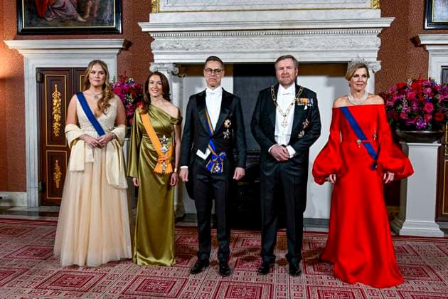 11-12-2025 Gala Princess Amalia and Queen Maxima and King Willem-Alexander with the Finnish President Alexander Stubb and Suzanne Innes-Stubb during the state banquet at the royal palace in Amsterdam on the 1st day of the 2 day statevisit to the Netherlands. Â  Copyright: xPPEx