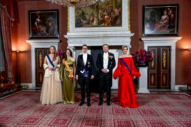11-12-2025 Gala Princess Amalia and Queen Maxima and King Willem-Alexander with the Finnish President Alexander Stubb and Suzanne Innes-Stubb during the state banquet at the royal palace in Amsterdam on the 1st day of the 2 day statevisit to the Netherlands. Â  Copyright: xPPEx