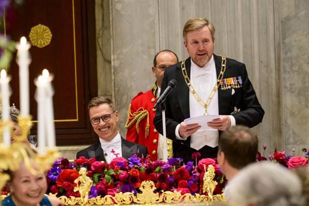 Amsterdam, The Netherlands, 2025-12-11 20:28:20 AMSTERDAM, 11-12-2025, Royal Palace Amsterdam. State visit of the President of Finland, Alexander Stubb, to the Netherlands. He is accompanied by his wife, Suzanne Innes-Stubb. The Royal Couple is hosting a state banquet at the Royal Palace Amsterdam. King Willem-Alexander and the President of Finland will deliver speeches. Princess Amalia will also be present. PHOTO: NLBeeld POOL Mischa Schoemaker Credit: NL Beeld Patrick van Emst  Copyright: xx x