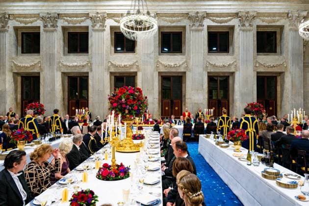 State visit of Finland to the Netherlands, Amsterdam, The Netherlands - 11 Dec 2025 Princess Amalia, King Willem-Alexander, Queen Maxima, President Alexander Stubb, Suzanne Innes-Stubb during the state banquet at the Royal Palace in Amsterdam during the state visit of Finland to the Netherlands. Amsterdam The Netherlands  Copyright: xMischaxSchoemakerx