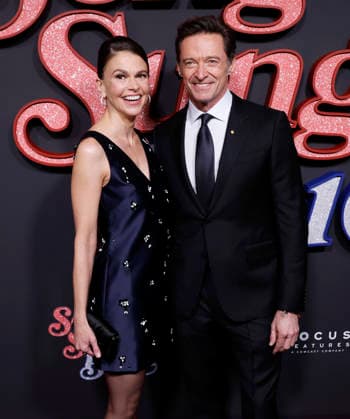 Sutton Foster and Hugh Jackman arrive on the red carpet at the Focus Features Song Sung Blue New York Premiere at AMC Lincoln Square Theater on Thursday, December 11, 2025 in New York City.  NYP20251211117 JohnxAngelillo