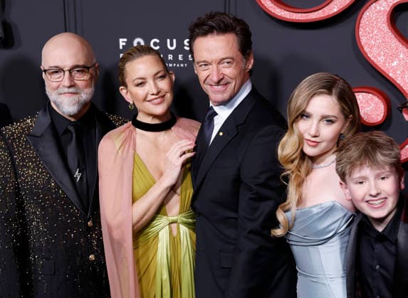 Craig Brewer, Kate Hudson, Hugh Jackman, Ella Anderson, Hudson Hensley arrive on the red carpet at the Focus Features Song Sung Blue New York Premiere at AMC Lincoln Square Theater on Thursday, December 11, 2025 in New York City.  NYP20251211106 JohnxAngelillo