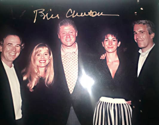 DATE and LOCATION UNIDENTIFIED. One of 80 images released December 12, 2025 of 95,000 photos subpeoned by United States House Committee on Oversight and Reform: Former President BILL CLINTON was pictured linking arms with GHISLAINE MAXWELL and JEFFREY EPSTEIN and another unidentified couple. Image in gold lettering says Bill Clinton and appears to have been signed by Clinton, in this undated photo from an undisclosed location, released by the U.S House Oversight Committee, December 12, 2025. The photos are part of a cache of 95,000 being reviewed by the committee, from the late convicted sex offender Epstein s estate. Unknown Unknown - ZUMAp138 20251212_zaa_z03_005 Copyright: xEpsteinxEstate HousexOversightx