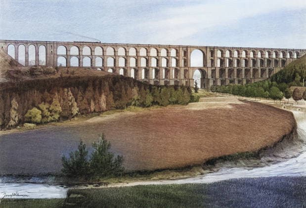 Göltzschtalbrücke, Eisenbahnbrücke im sächsischen Vogtlandkreis. Sie ist die größte Ziegelstein-Brücke der Welt, Sachsen, Deutschland, authentische Reproduktion eines Schulwandbildes, historisch, um 1900