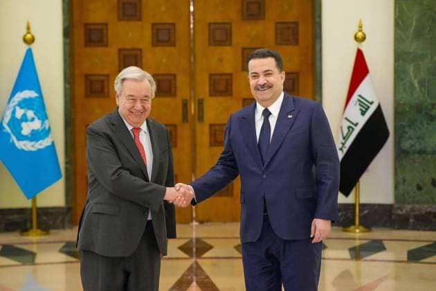United Nations Secretary-General Antonio Guterres in Iraq BAGHDAD, IRAQ - DECEMBER 13: (----EDITORIAL USE ONLY - MANDATORY CREDIT - IRAQI PRIME MINISTER S OFFICE HANDOUT - NO MARKETING NO ADVERTISING CAMPAIGNS - DISTRIBUTED AS A SERVICE TO CLIENTS----) United Nations Secretary-General Antonio Guterres (L) meets with Iraqi Prime Minister Mohammed Shia al-Sudani (R) in Baghdad, Iraq on December 13, 2025. Iraqi Prime Minister s Office Handout Anadolu Baghdad Iraq. Editorial use only. Please get in touch for any other usage.  Copyright: x2025xAnadoluxIraqixPrimexMinister sxOfficex xHandoutx