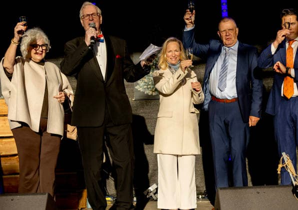 13-12-2025 Wassenaar Princess Margarita de Bourbon Parme with wethouder Laurens van Doeveren and board member Kees Kroon of Centrum Management Wassenaar at the opening of the renovated Wassenaar shopping center, De Langstraat, in her hometown Wassenaar. Â  Copyright: xPPEx