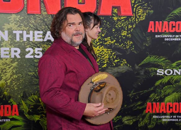 Cast member Jack Black and his wife Tanya Haden attend the world premiere of the motion picture horror comedy Anaconda at the United Theater in Los Angeles on Saturday, December 13, 2025. Storyline: A group of friends are going through a mid-life crisis. They decide to remake a favorite movie from their youth but encounter unexpected events when they enter the jungle.  LAP2025121326 JIMxRUYMEN