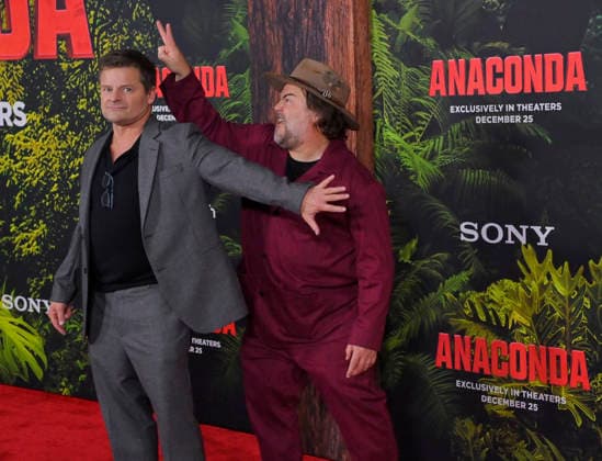 Cast members Steve Zahn (L) and Jack Black attend the world premiere of the motion picture horror comedy Anaconda at the United Theater in Los Angeles on Saturday, December 13, 2025. Storyline: A group of friends are going through a mid-life crisis. They decide to remake a favorite movie from their youth but encounter unexpected events when they enter the jungle.  LAP2025121330 JIMxRUYMEN