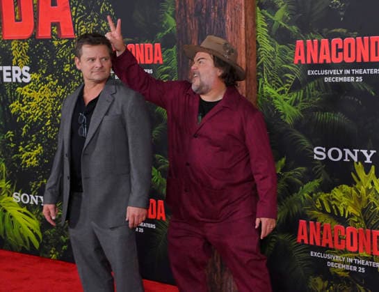 Cast members Steve Zahn (L) and Jack Black attend the world premiere of the motion picture horror comedy Anaconda at the United Theater in Los Angeles on Saturday, December 13, 2025. Storyline: A group of friends are going through a mid-life crisis. They decide to remake a favorite movie from their youth but encounter unexpected events when they enter the jungle.  LAP2025121331 JIMxRUYMEN