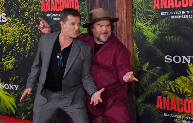 Cast members Steve Zahn (L) and Jack Black attend the world premiere of the motion picture horror comedy Anaconda at the United Theater in Los Angeles on Saturday, December 13, 2025. Storyline: A group of friends are going through a mid-life crisis. They decide to remake a favorite movie from their youth but encounter unexpected events when they enter the jungle.  LAP2025121332 JIMxRUYMEN