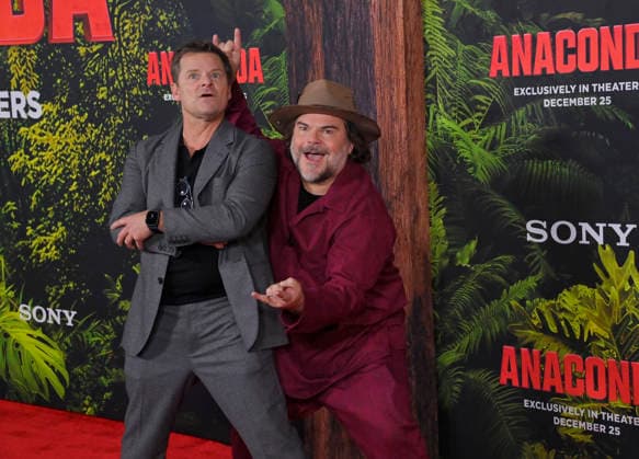 Cast members Steve Zahn (L) and Jack Black attend the world premiere of the motion picture horror comedy Anaconda at the United Theater in Los Angeles on Saturday, December 13, 2025. Storyline: A group of friends are going through a mid-life crisis. They decide to remake a favorite movie from their youth but encounter unexpected events when they enter the jungle.  LAP2025121333 JIMxRUYMEN