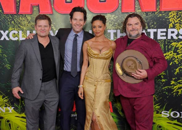 Cast members Steve Zahn, Paul Rudd, Thandiwe Newton and Jack Black (L-R) attend the world premiere of the motion picture horror comedy Anaconda at the United Theater in Los Angeles on Saturday, December 13, 2025. Storyline: A group of friends are going through a mid-life crisis. They decide to remake a favorite movie from their youth but encounter unexpected events when they enter the jungle.  LAP2025121370 JIMxRUYMEN