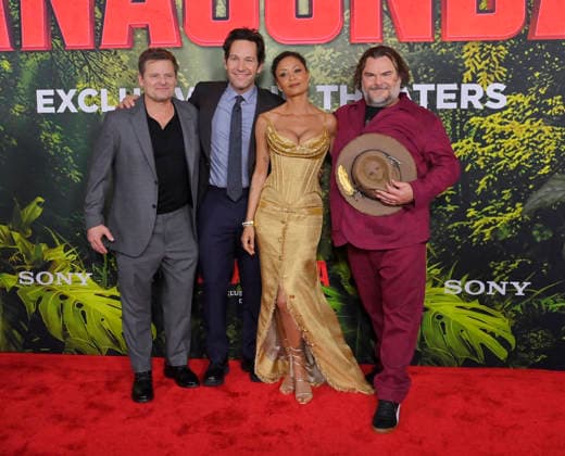 Cast members Steve Zahn, Paul Rudd, Thandiwe Newton and Jack Black (L-R) attend the world premiere of the motion picture horror comedy Anaconda at the United Theater in Los Angeles on Saturday, December 13, 2025. Storyline: A group of friends are going through a mid-life crisis. They decide to remake a favorite movie from their youth but encounter unexpected events when they enter the jungle.  LAP2025121371 JIMxRUYMEN