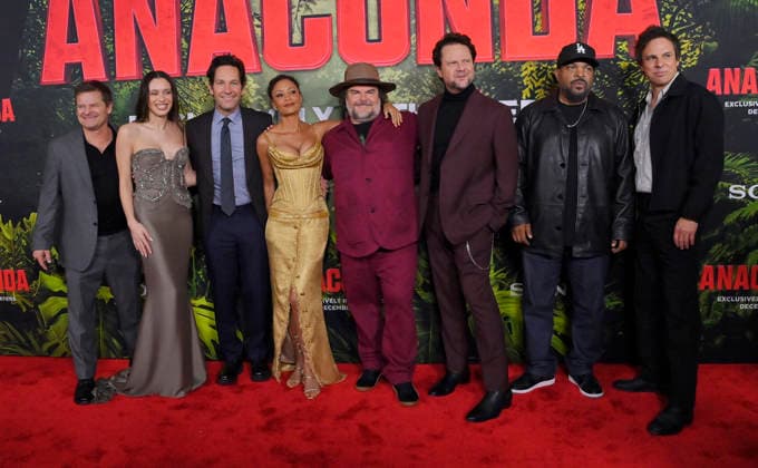 Daniela Melchior, Steve Zahn, Paul Rudd, Thandiwe Newton, Jack Black, Ice Cube and Tom Gormican (L-R) attend the world premiere of the motion picture horror comedy Anaconda at the United Theater in Los Angeles on Saturday, December 13, 2025. Storyline: A group of friends are going through a mid-life crisis. They decide to remake a favorite movie from their youth but encounter unexpected events when they enter the jungle.  LAP2025121372 JIMxRUYMEN